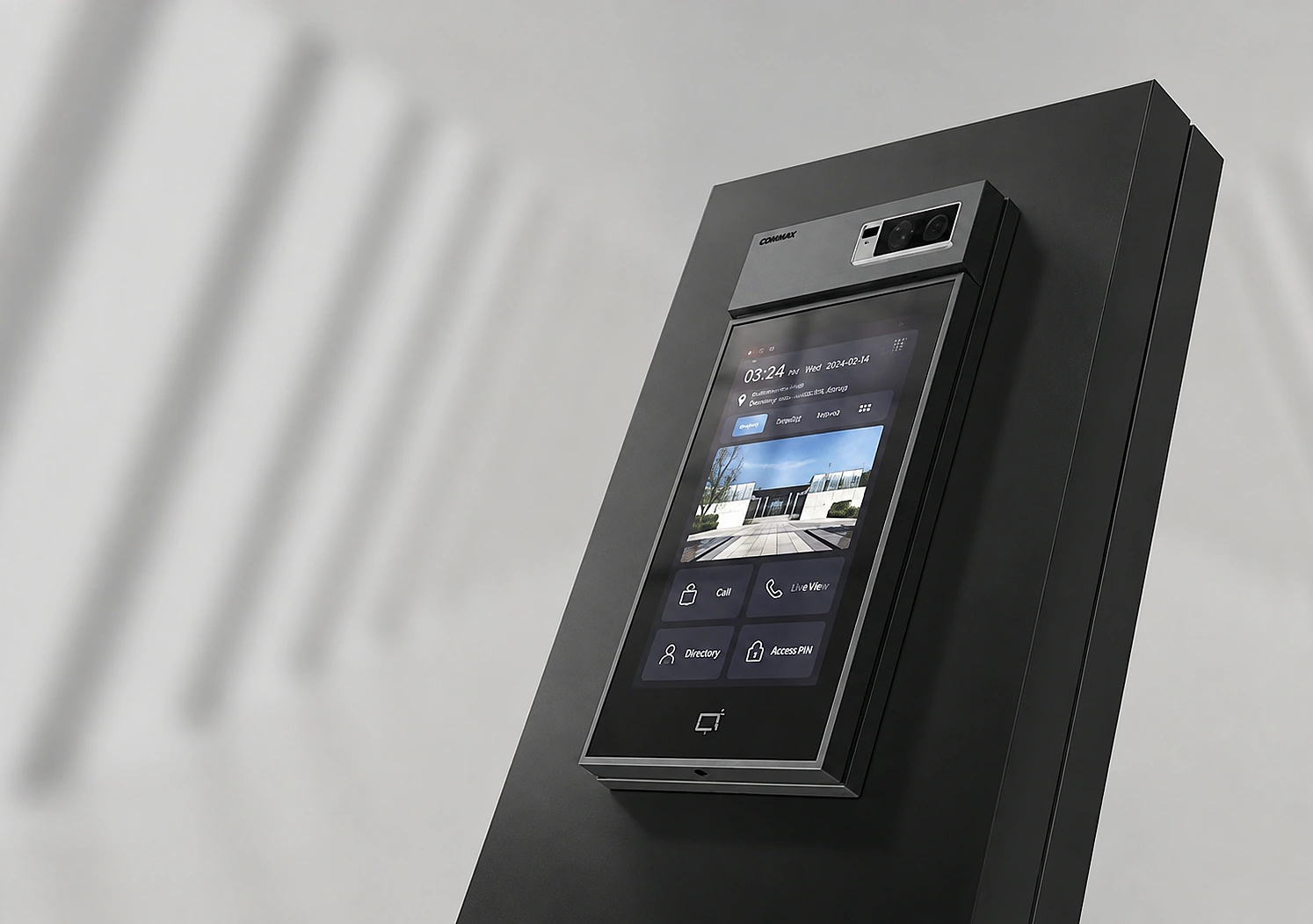 Wall-mounted access control and intercom panel with live camera view, call, directory, and access PIN controls