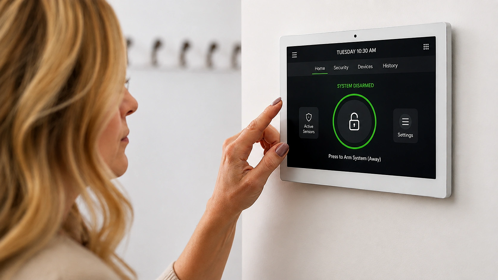 Woman arming a wall-mounted security touchscreen panel